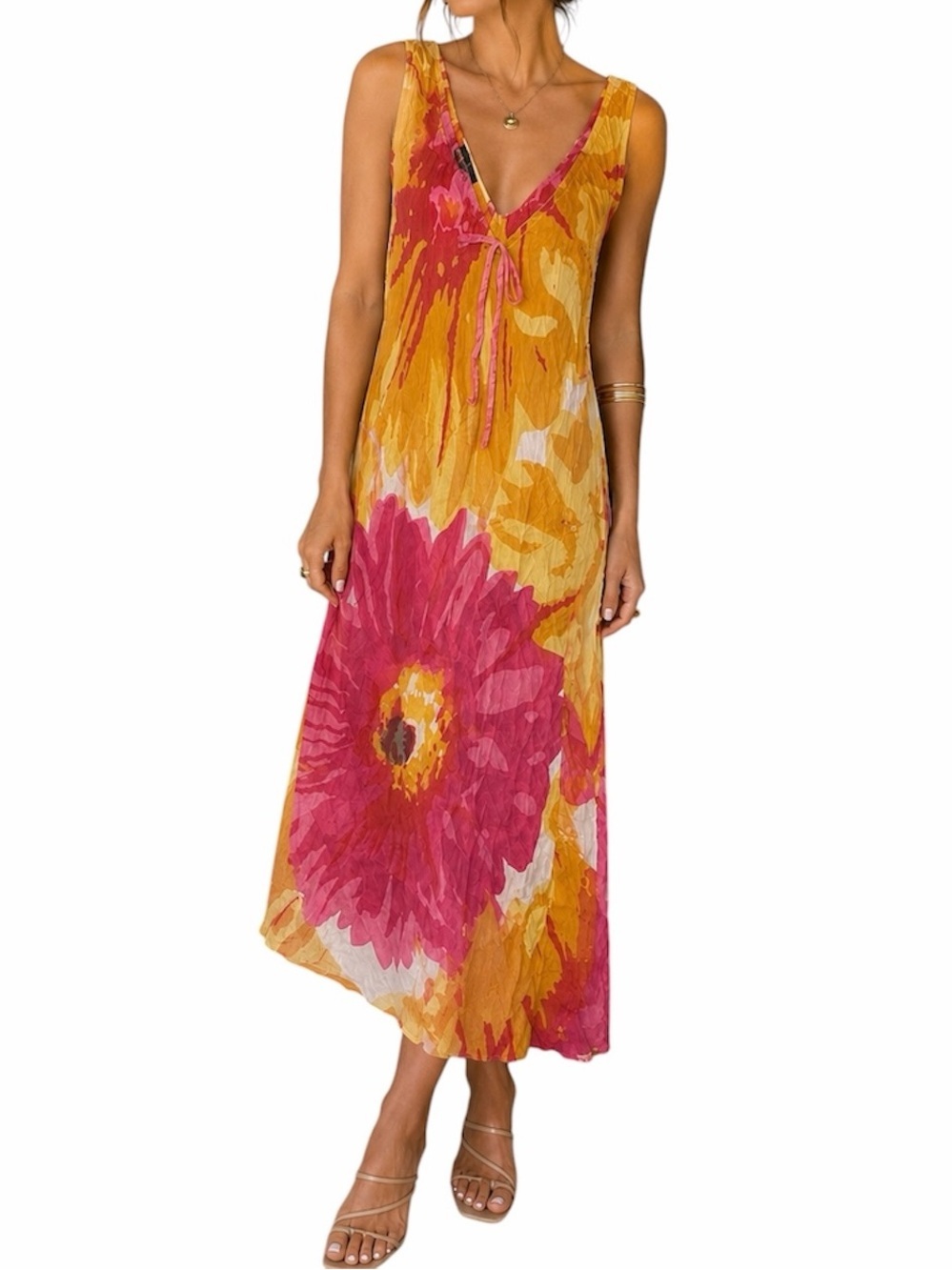 Angie Floral Midi Dress Pink Yellow Sleeveless Boho Crinkle Size M